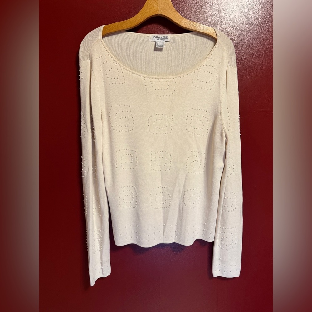 Vintage 90s Due Per Due Cream‎ Beaded Pullover Sweater L